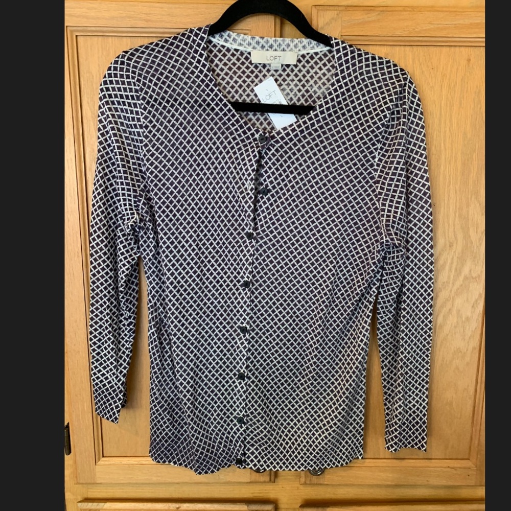 NWT Ann Taylor Loft Cardigan Sweater Navy White L